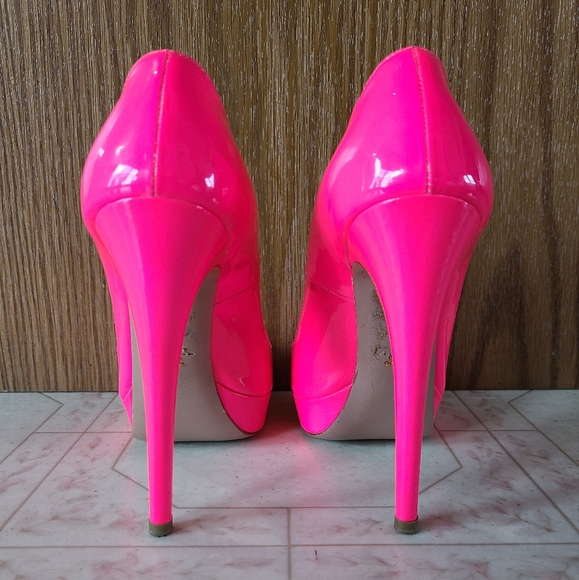 Auth PRADA Rosa Fluo Neon Patent Peep-toe Heels Size EU37/ US6.5 💗 - Picture 9 of 14